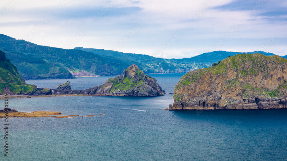 Panoramic view of the coast with the peninsula of Saint Juan of Gaztelugatxe in Euskadi.