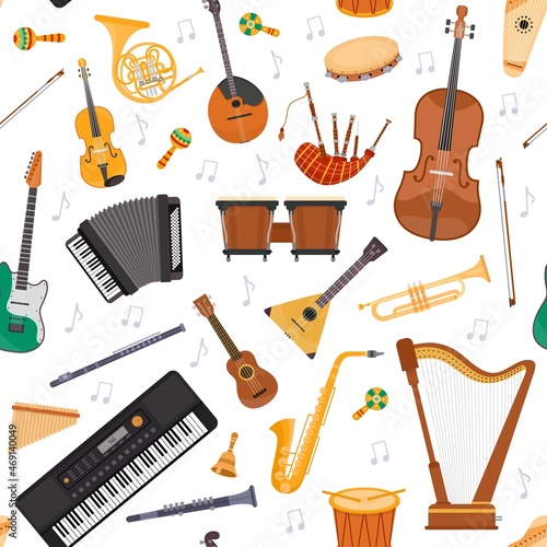 Seamless pattern with flat musical orchestra instruments and notes. Strings, percussion and wind instrument. Cartoon music vector background
