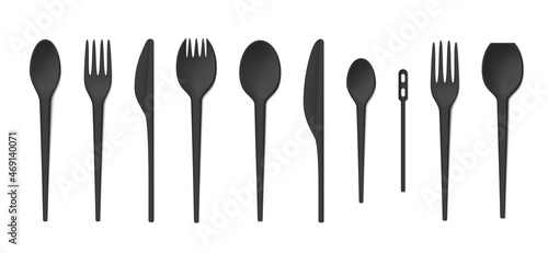 Black plastic fork, knife and spoon set realistic vector illustration. Collection disposable cutlery