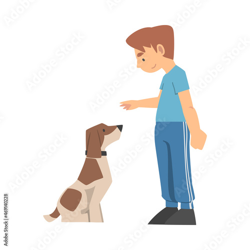 Young Boy Training His Dog Teaching Him Command Vector Illustration
