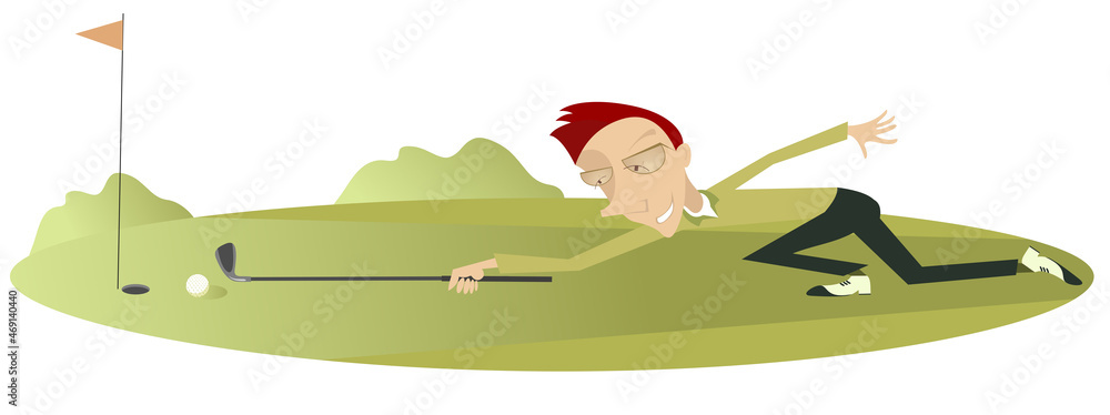 Obraz premium Smiling golfer on the golf course illustration. Cartoon smiling golfer aiming to do a good kick illustration