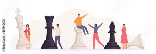 Tiny characters playing chess with big figures, strategy game. Flat people business planning, teamwork, tactic or competition vector concept