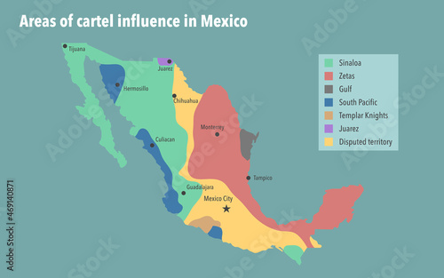Map with areas of cartel influence in Mexico photo