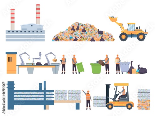 Flat garbage recycle factory building, dump and sorting conveyor. Plastic recycling industry workers. Ecology protection process vector set