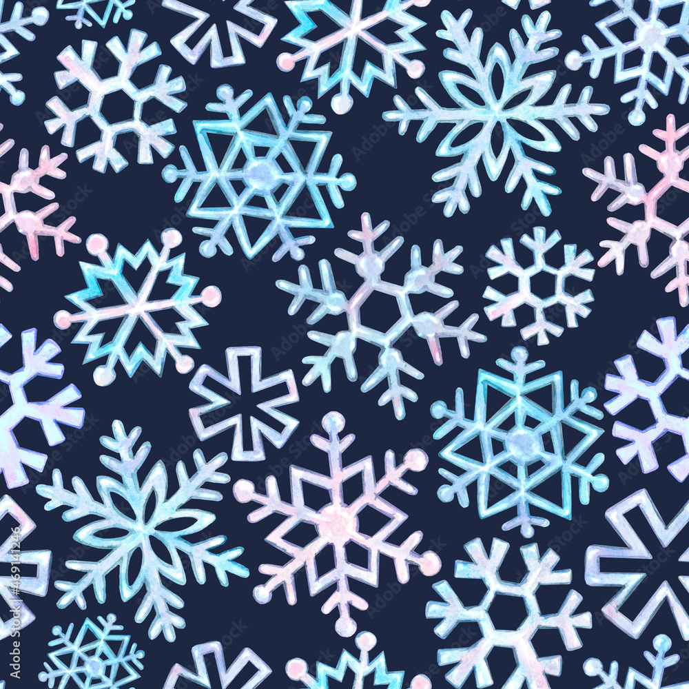 Watercolor seamless pattern of light blue and light pink snowflakes. Dark blue background. Winter, New Year pattern.
Watercolor seamless pattern of light blue and light pink snowflakes. Dark blue background. Winter, New Year pattern.