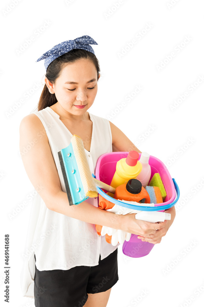 Asian woman with clean tools isolated on white Asian woman with clean tools isolated on white
