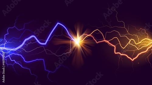 Blue vs yellow electric power, lightning battle effect. Glowing trail , electric light flash. Hot and cold collision