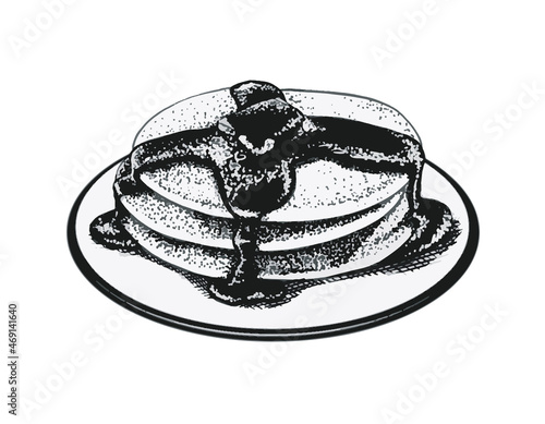 Vector hand drawn icon. Morning breakfast. Maple siryp. Pancakes. Isolated on white background.