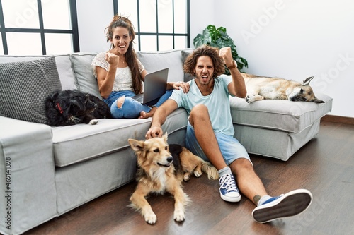 Young hispanic couple with dogs relaxing at home angry and mad raising fist frustrated and furious while shouting with anger. rage and aggressive concept. © Krakenimages.com