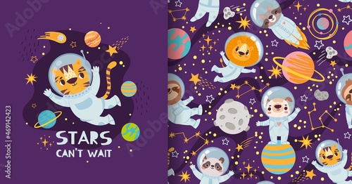 Cute cartoon animals in space, pajamas print and pattern design. Astronauts in space suits flying in universe © Tartila