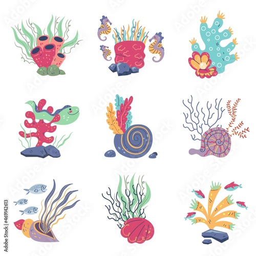 Underwater plants compositions. Cartoon kids sea elements  aquarium seaweeds and shells  corals with fishes  anemones and seahorses  creative colorful decoration  vector cartoon isolated set
