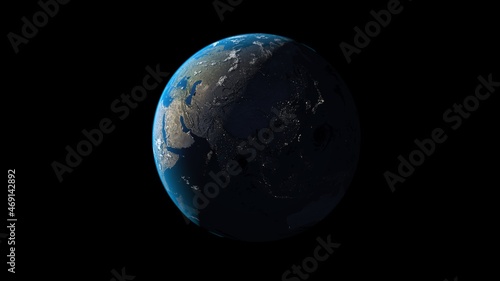 8k Ultra HD 7640x4320. Panoramic view of earth, sun, star and galaxy. Sunrise over planet Earth, view from space. 3d rendering. 