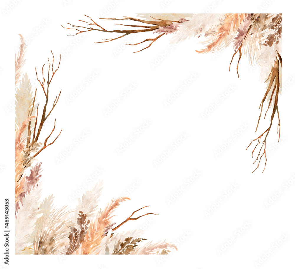 Watercolor pampas grass and branches set. Hand painted boho floral neutral colors,beige border, frame. Botanical elements isolated on white. Bohemian style wedding invitation, greeting, card Watercolor pampas grass and branches set. Hand painted boho floral neutral colors,beige border, frame. Botanical elements isolated on white. Bohemian style wedding invitation, greeting, card