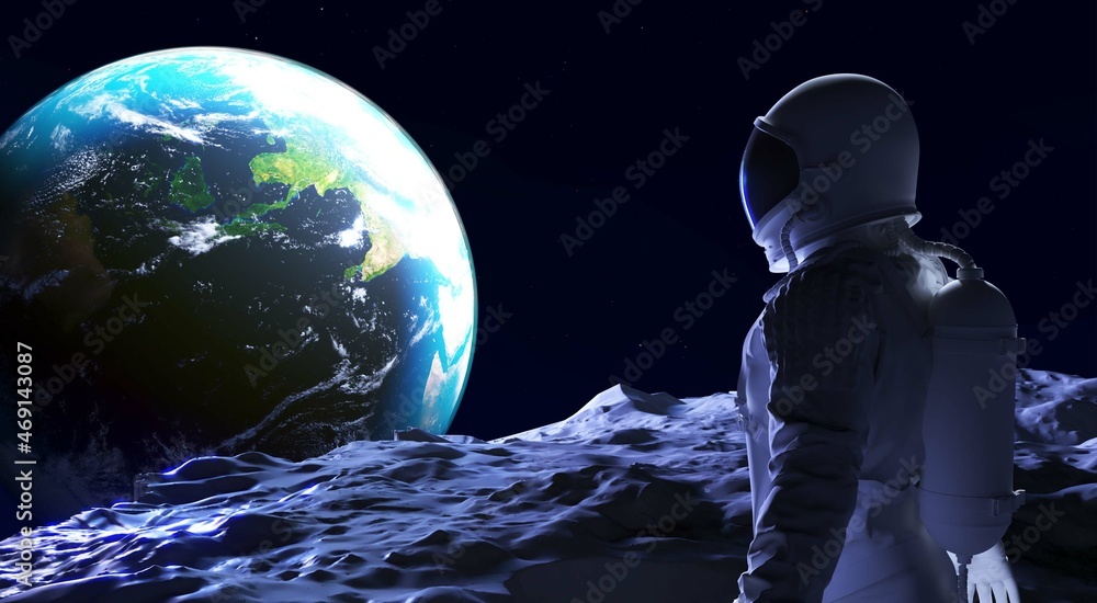 Fototapeta premium Abstract photo art with astronaut against background Earth, Space and other planets. 3d rendering.