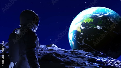 Abstract photo art with astronaut against background Earth  Space and other planets. 3d rendering.