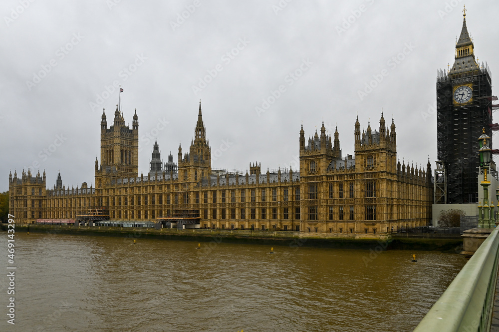 Houses of Parliament with the Elizabeth Tower still wrapped in scaffolding Houses of Parliament with the Elizabeth Tower still wrapped in scaffolding