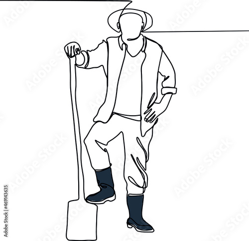 Continuous one line drawing of farmer posing with burlap sacks. Minimal outline concept. Old fermer with crossing hands in the hat standing in the golden field and turning.