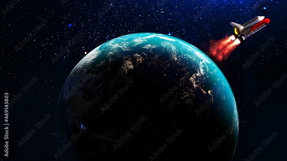 Obraz premium Spaceship in the outer space on orbit of Earth planet. Space shuttle in sky with clouds. Continents and oceans. 3D Rendering. 