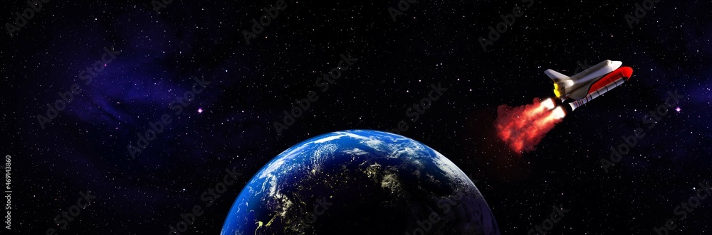 Fototapeta premium Spaceship in the outer space on orbit of Earth planet. Space shuttle in sky with clouds. Continents and oceans. 3D Rendering. 
