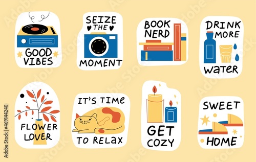 Cozy stickers. Comfort home labels, cute motivational quotes, room objects emblems, relaxing lifestyle, lazy weekend elements, read book and listen music, vector cartoon isolated set