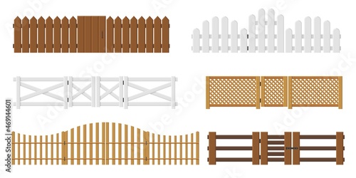 Fences with gates. Wooden enclosing planks and lattices. Yards barriers. Garden fencing with doors. Farm or rural house boundary. Palisade entrance. Vector village border elements set