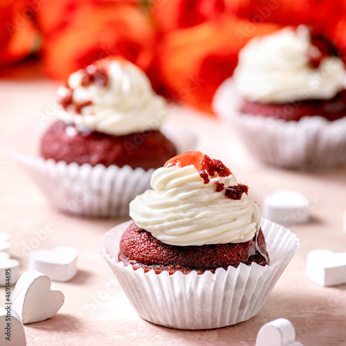 Homemade Red velvet cupcakes with whipped cream