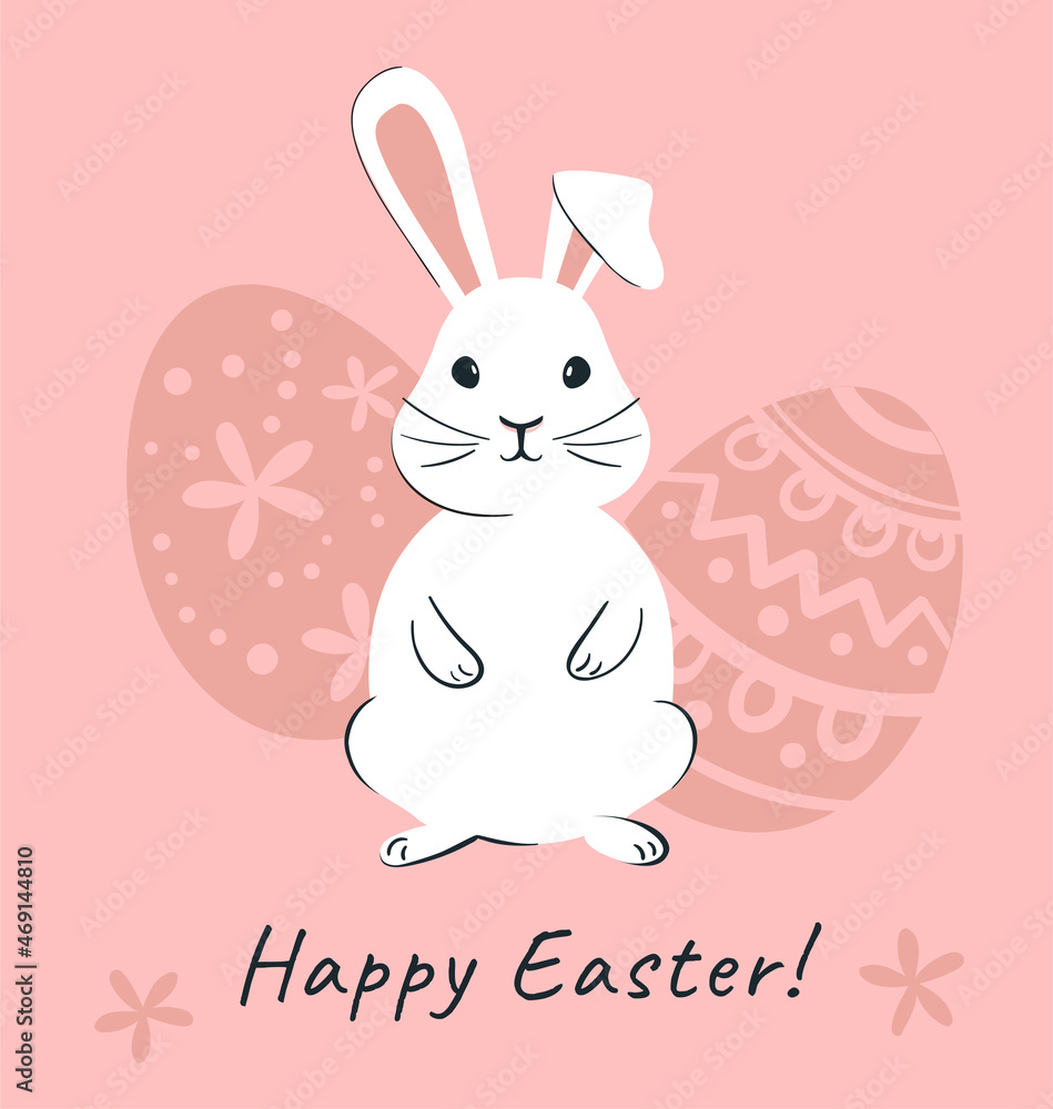 Easter bunny and Easter eggs on pink background. Happin Easter banner vector illustration Easter bunny and Easter eggs on pink background. Happin Easter banner vector illustration