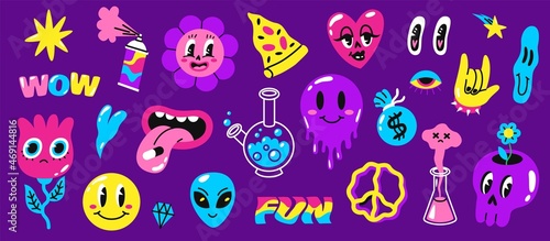 Psychedelic symbols. Weird abstract funny elements, surreal trip, 70s and 80s trendy signs, acidic bright colors, 1960s toons design, flowers and heart with eyes, vector isolated set