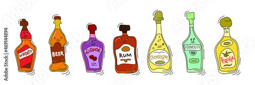 Whiskey, beer, liquor, rum, champagne, vermouth, tequila with smile on white background. Cartoon sketch graphic design. Doodle style with black contour line. Cute hand drawn bottle. Party drinks