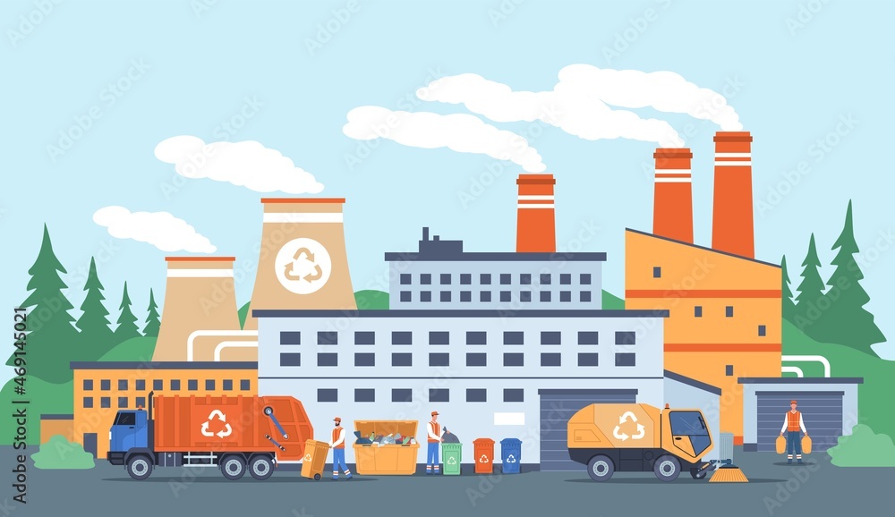 Waste factory. City recovery, garbage recycling plant work process. Cleaning, sorting and transportation service, scavengers. Refuse and reuse rubbish industry, vector concept