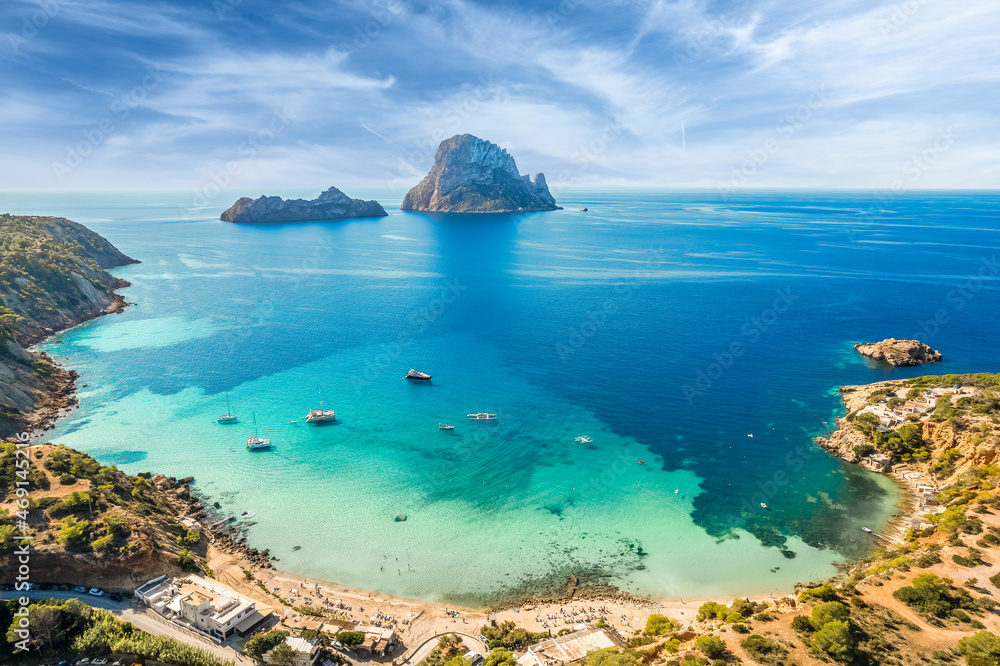 Aerial view of Cala d’Hort, Ibiza islands, Spain - obrazy, fototapety, plakaty 