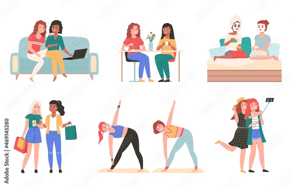 Girlfriends time together. Smiling happy girlfriends relax at home, play sports, shopping in mall, eating in cafe, female friendship scenes, joint activities, vector cartoon isolated set