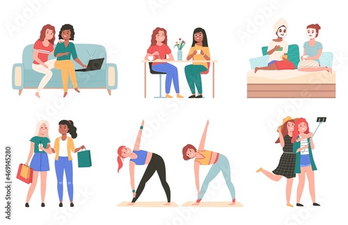 Girlfriends time together. Smiling happy girlfriends relax at home, play sports, shopping in mall, eating in cafe, female friendship scenes, joint activities, vector cartoon isolated set