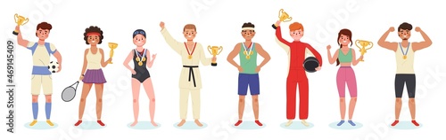 Winners athletes. Sport games champions with different gold awards and medals, happy men and women standing in row with prize. Success, triumph and victory, vector isolated set