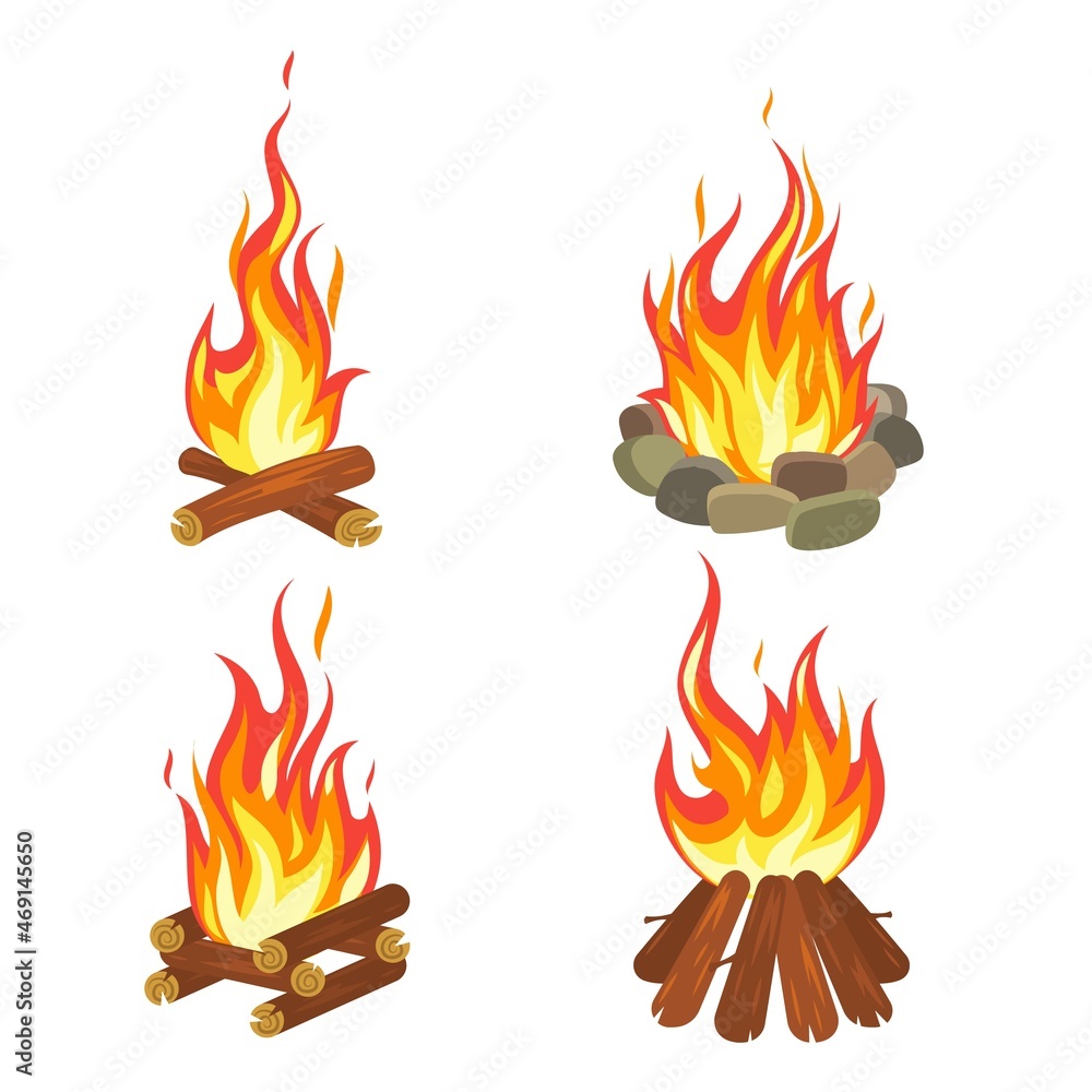 Cartoon flame. Tourist summer bonfire. Forest fireplace with burning logs,  night camp bright orange and yellow flaming, outdoor firewood element,  campfire vector isolated set Stock Vector | Adobe Stock