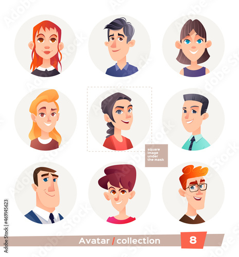 Collection of avatars, people. A set of user faces for a web forum or account. Icons of men and women.