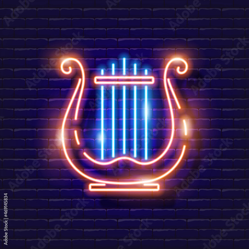 Lyre neon icon. Harp glowing sign. Musical instrument concept. Vector illustration for Sound recording studio design, advertising, signboards, vocal studio.