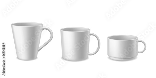 Coffee mugs. Realistic white ceramic mug mockup for espresso, cappuccino and tea. Different forms utensil side view. Hot beverage empty dishware. Advertise and presentation. Vector 3d set