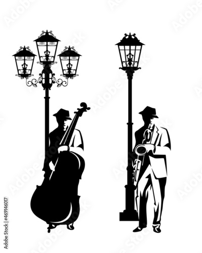 jazz man playing saxophone and bass viol instrument standing by street light silhouette - performing busker musician black and white vector outline set