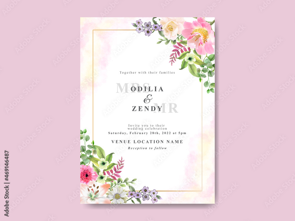 beautiful flower and leaves watercolor wedding invitation template