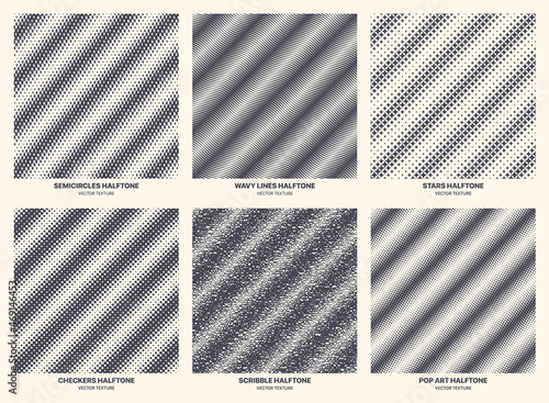 Different Variations Halftone Texture Set Vector Geometric Striped Pattern Isolated On White Background. Various Half Tone Gradient Collection Semi Circle Wavy Line Star Checkers Scribble Pop Art Dot