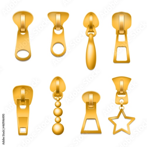 Metal zippers. Realistic gold lightning. Tailors sewing accessories. Metallic slider templates. Isolated golden buckles. Clothing fasteners template. Vector various shaped clasps set