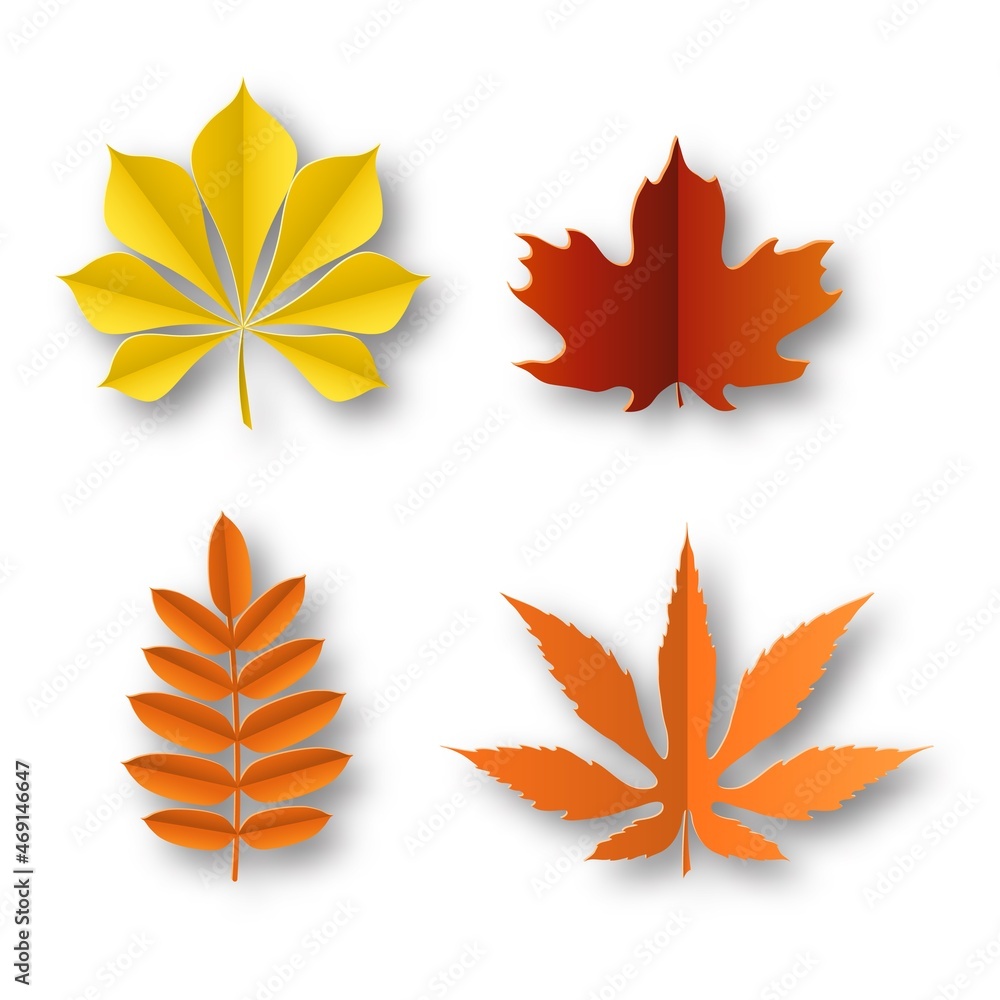 Paper leaves autumn. Fall colourful foliage beautiful nature decor isolated elements. Yellow red and orange bright botanic, oak and maple tree leaf, origami plant object, vector set
