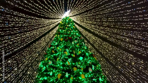 Christmas tree decorated with toys, colorful balls, electric garlands, sparkling and blinking lights on the background of the night sky, New Year holiday evening, 2022 mood