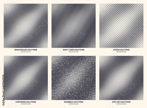 Different Variations Halftone Texture Set Vector Geometric Wavy Pattern Isolated On White Background. Various Halftone Gradient Collection Semi Circle Wavy Line Star Checkers Scribble Pop Art Dot