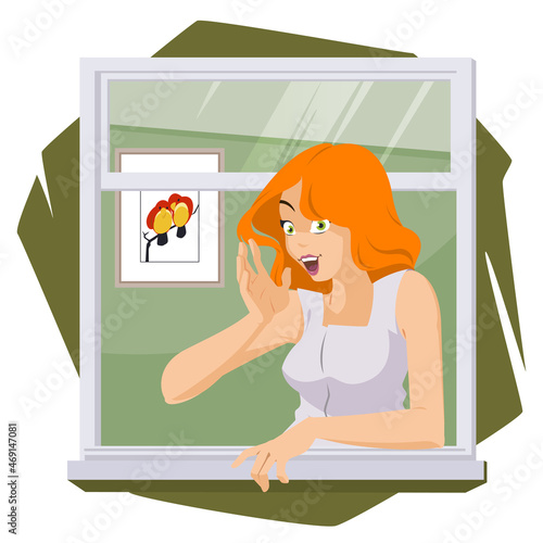 Beautiful woman in window. Cute girl is gossiping. Illustration for internet and mobile website.