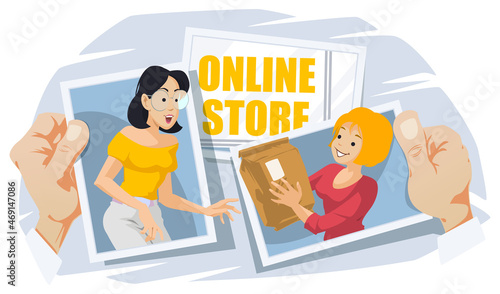Online order. Girl with box. Delivery service courier. Illustration for internet and mobile website.