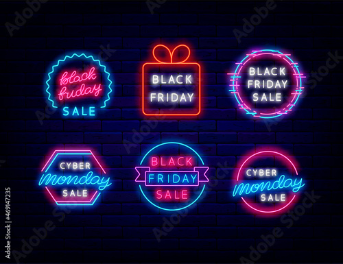 Black friday emblem set. Cyber monday sale neon label collection. Isolated vector stock illustration