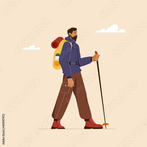 Concept of summer vacation, hiking, tourism, outdoor activities. Vector illustration of a young man doing nordic walking or trekking with backpack