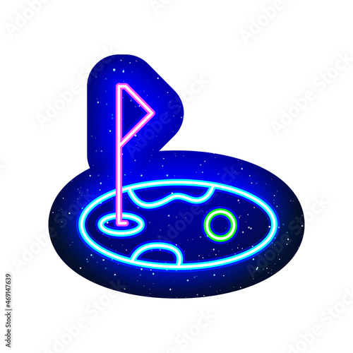 Type of golf course icon in neon color. Midnight blue. Golf sport symbol icon night show with neon. Realistic neon icon. It has mask area on White Background.